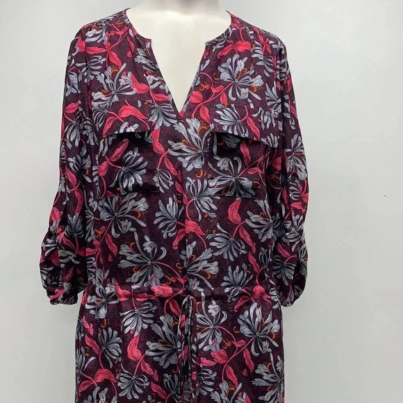Rebecca Taylor Midi Dress Pure Silk Drawstring Waist Pockets Floral Maroon 4  - Picture 2 of 11